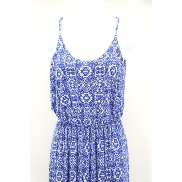 Lush Mediterranean Spaghetti Strap Maxi Blue White Pattern Soft Sun Dress S - Picture 3 of 9